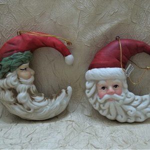 Santa Claus Half Moon Two Ceramic Christmas Holiday Ornaments Midwest Brand